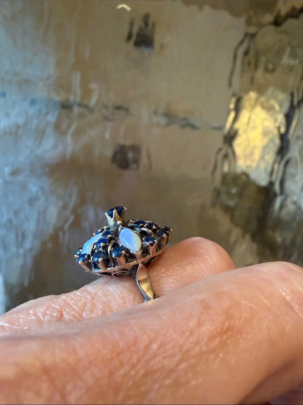 Vintage 14 karat gold,  Blue Opal and Sapphire Cluster Ring. Size 7.